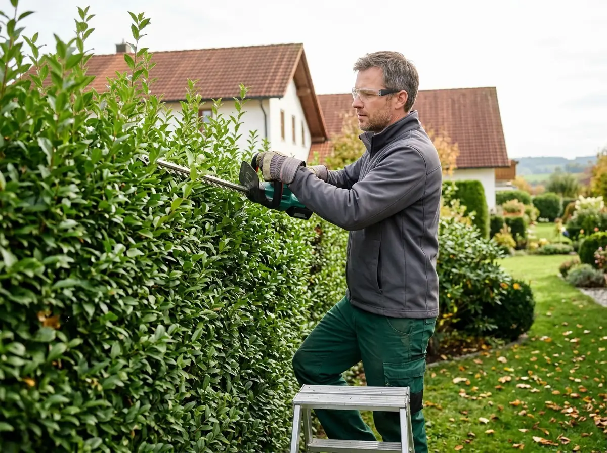 KI-generiertes Bild: Gärtner schneidet eine hohe Hecke mit einer Akku-Heckenschere