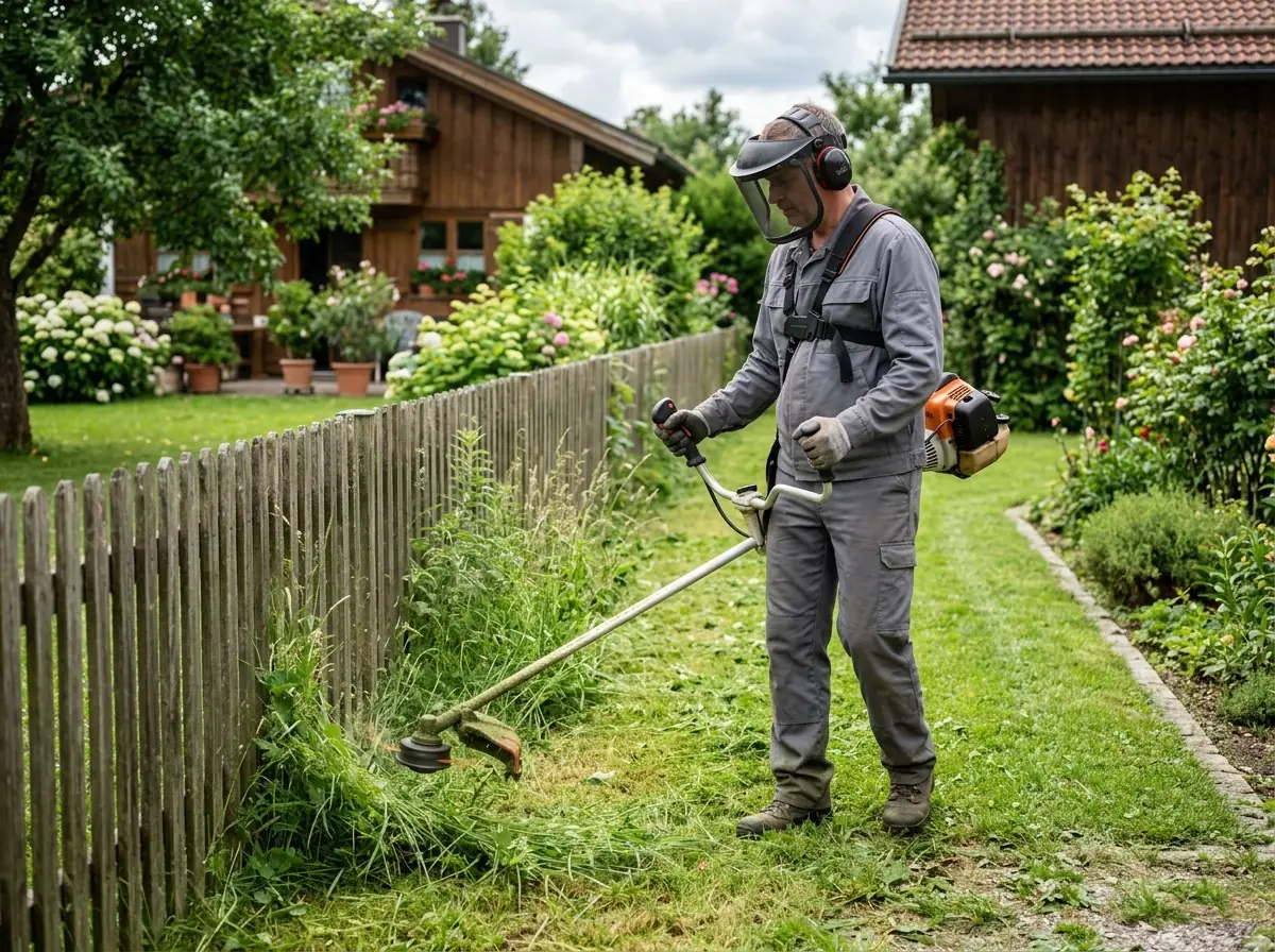 KI-generiertes Bild: Gärtner mit Gesichtsschutz mäht hohes Gras an einem Holzzaun mit der Motorsense