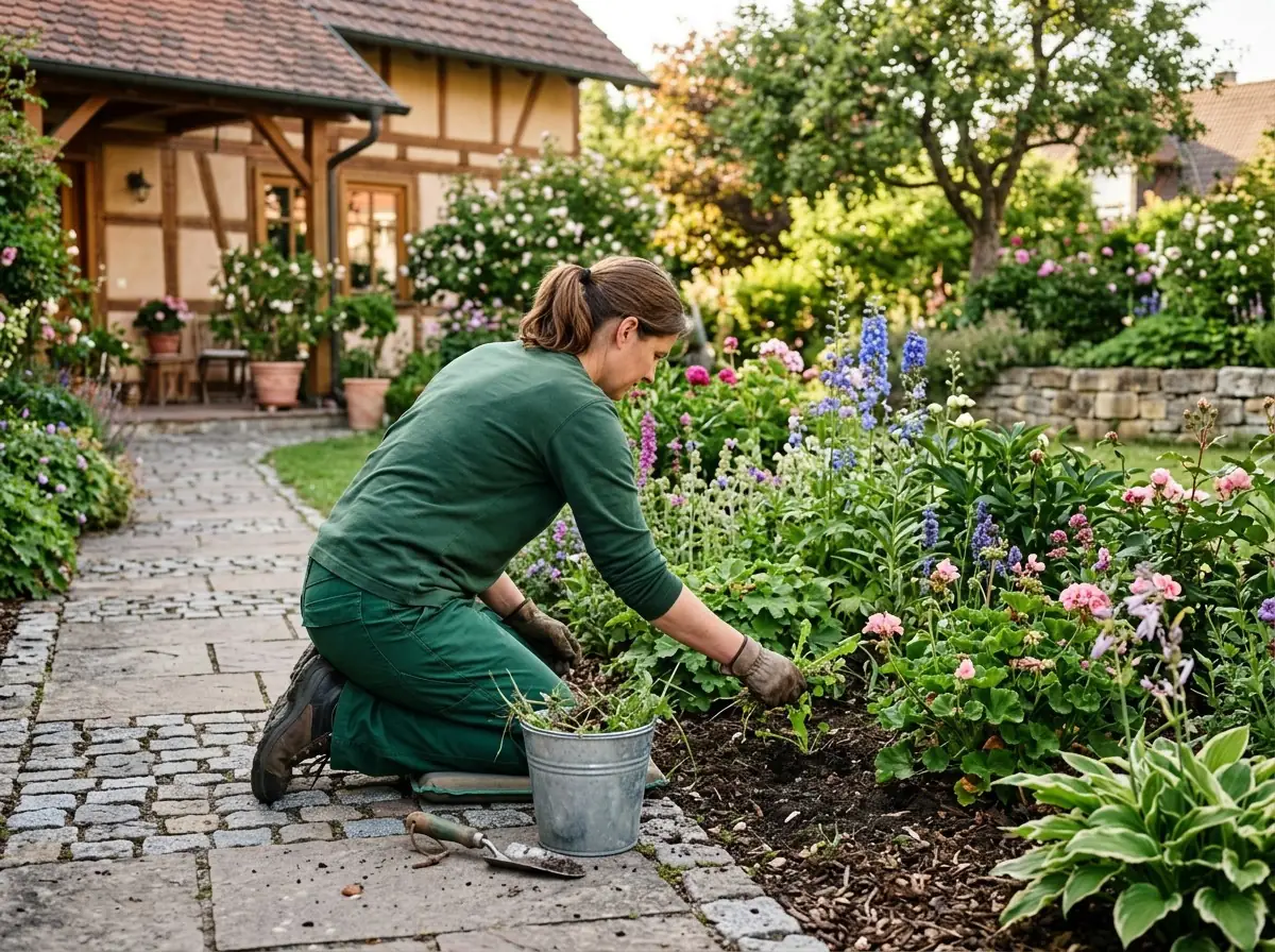 KI-generiertes Bild: Gärtnerin jätet Unkraut in einem Staudenbeet neben einem Pflasterweg