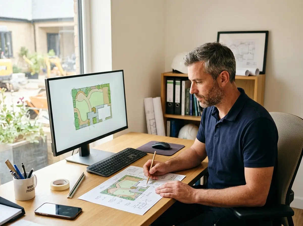 KI-generiertes Bild: Ein Mann plant am Computer ein Außenanlagen-Projekt