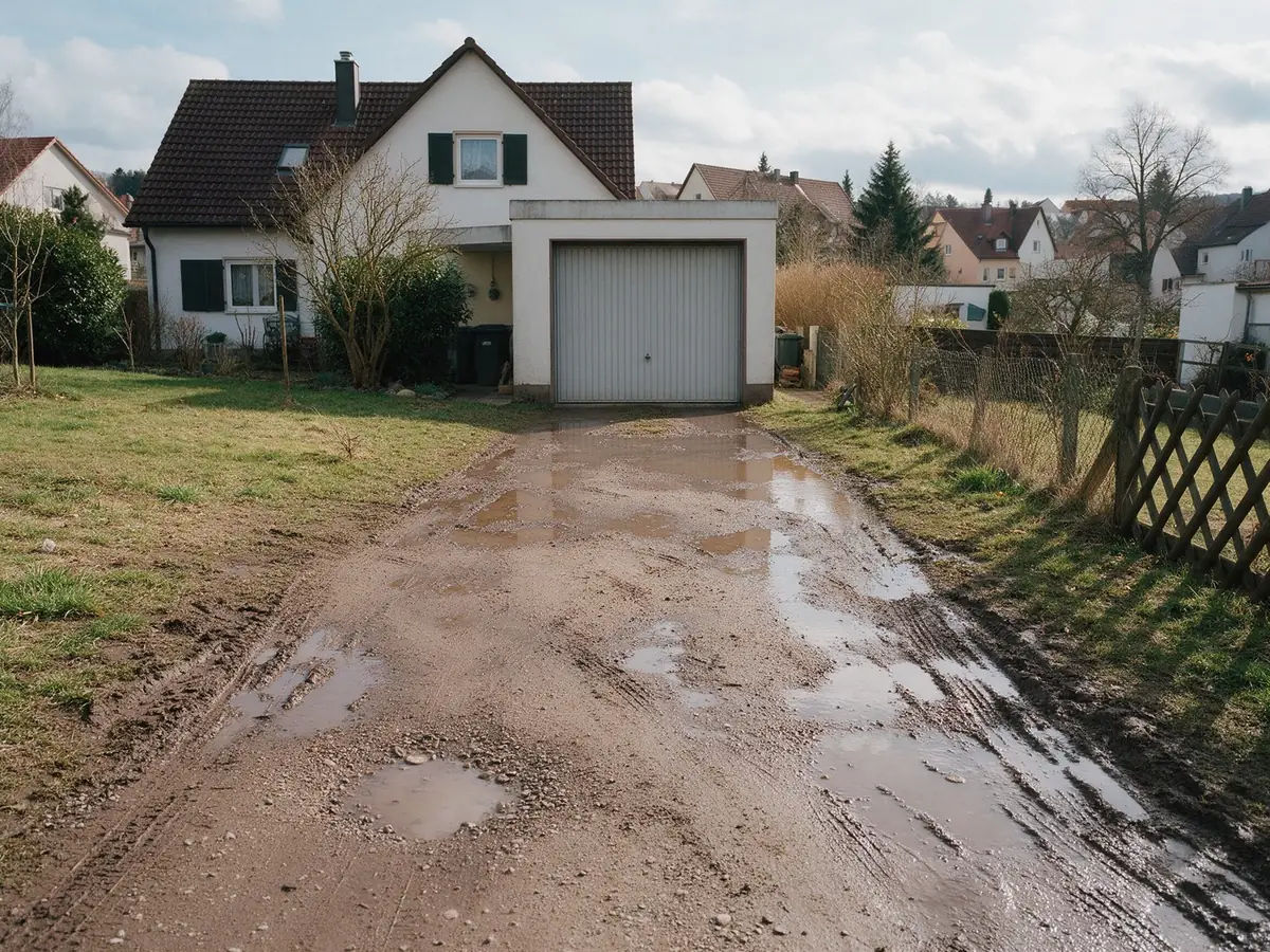 KI-generiertes Beispiel, Vorher: Unbefestigte Hofeinfahrt mit Pfützen und Fahrspuren vor einer Garage