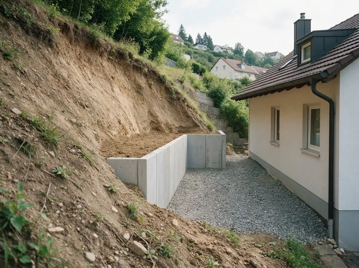 KI-generiertes Beispiel, Nachher: Stützwand aus L-Steinen fängt den Hang neben dem Haus ab, davor ein Kiesstreifen