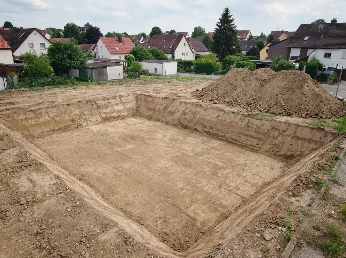 KI-generiertes Beispiel, Nachher: Ausgehobene Baugrube mit geböschten Wänden und ebener Sohle, Aushub seitlich gelagert