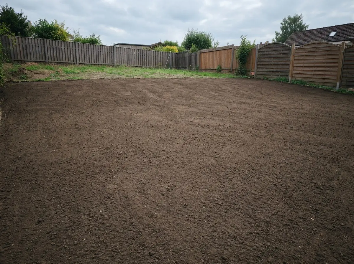 KI-generiertes Beispiel, Nachher: Eben modellierte Gartenfläche mit frischem Oberboden, bereit für Rasen