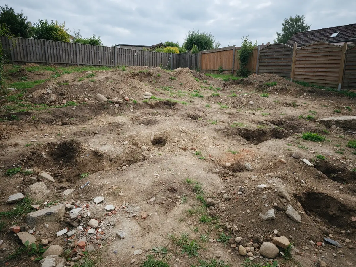 KI-generiertes Beispiel, Vorher: Unebener Garten mit Erdhügeln, Löchern und Bauschutt