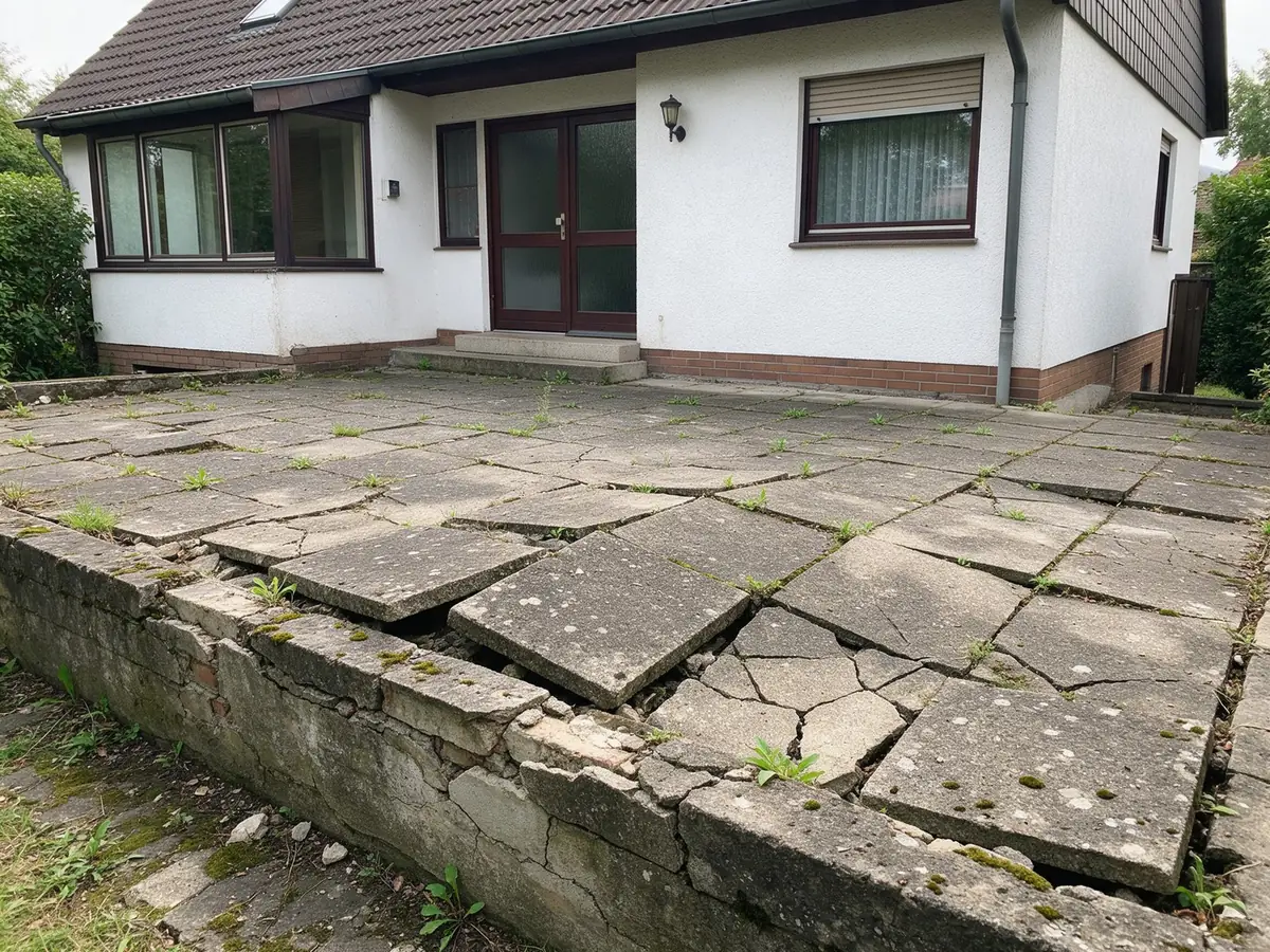 KI-generiertes Beispiel, Vorher: Alte, gerissene Betonterrasse mit Moos und bröckelnder Mauer