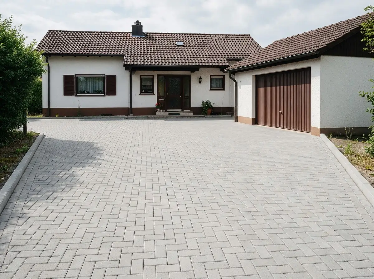 KI-generiertes Beispiel, Nachher: Neue Pflasterfläche im Fischgrätverband mit geraden Randsteinen vor der Garage