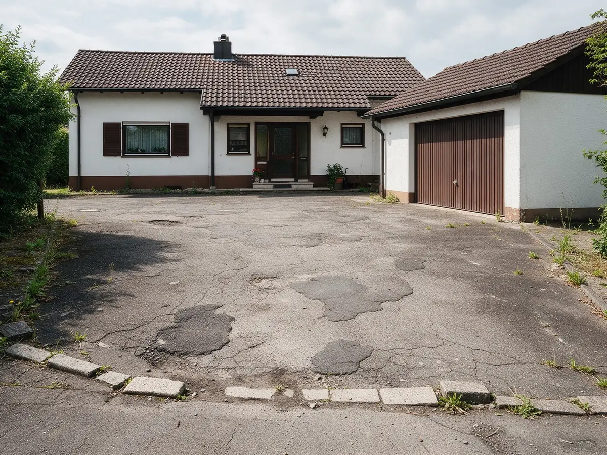 KI-generiertes Beispiel, Vorher: Rissiger, geflickter Asphalt mit Unkraut vor einem Haus mit Garage