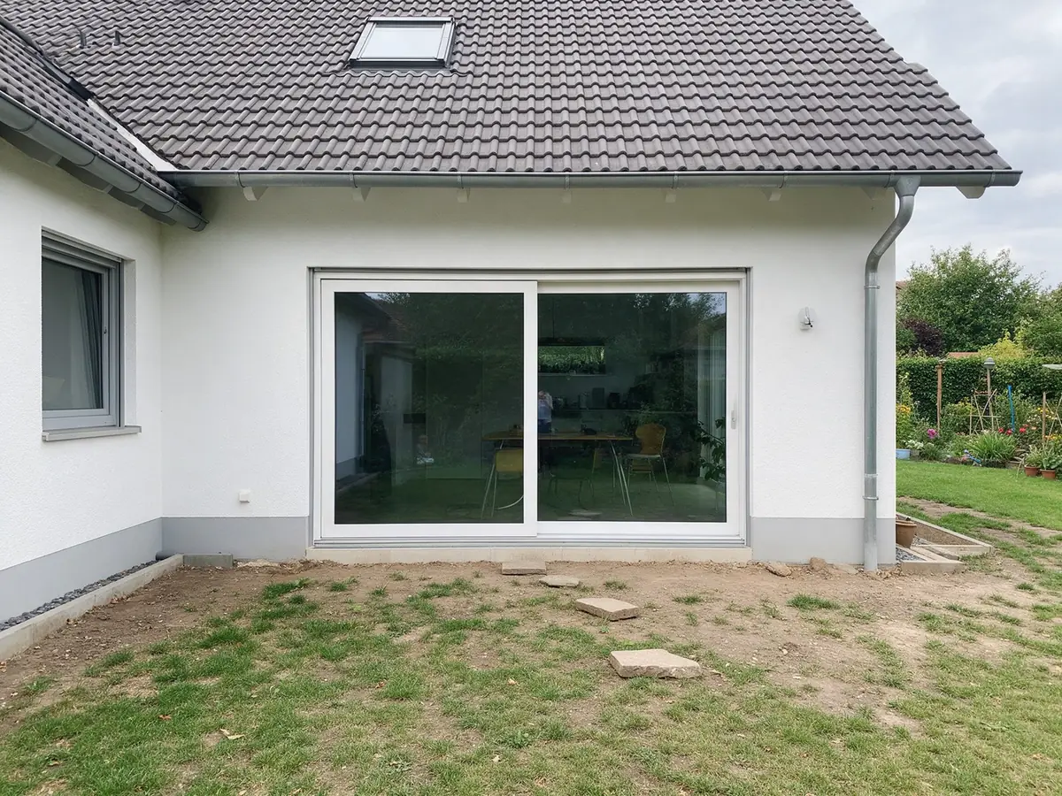 KI-generiertes Beispiel, Vorher: Abgetretener Rasen und offener Boden vor einer Terrassentür