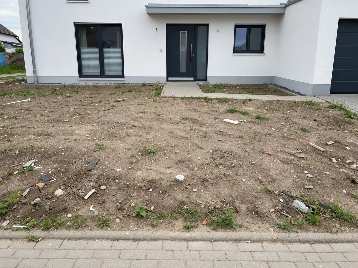 KI-generiertes Beispiel, Vorher: Offener Boden mit Bauresten vor einem Neubau
