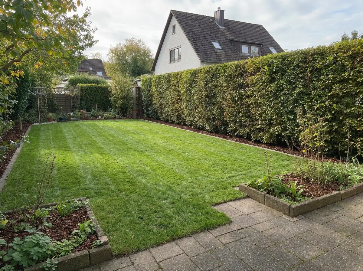 KI-generiertes Beispiel, Nachher: Gepflegter Garten mit gemähtem Rasen, geschnittener Hecke und sauberen Beeten