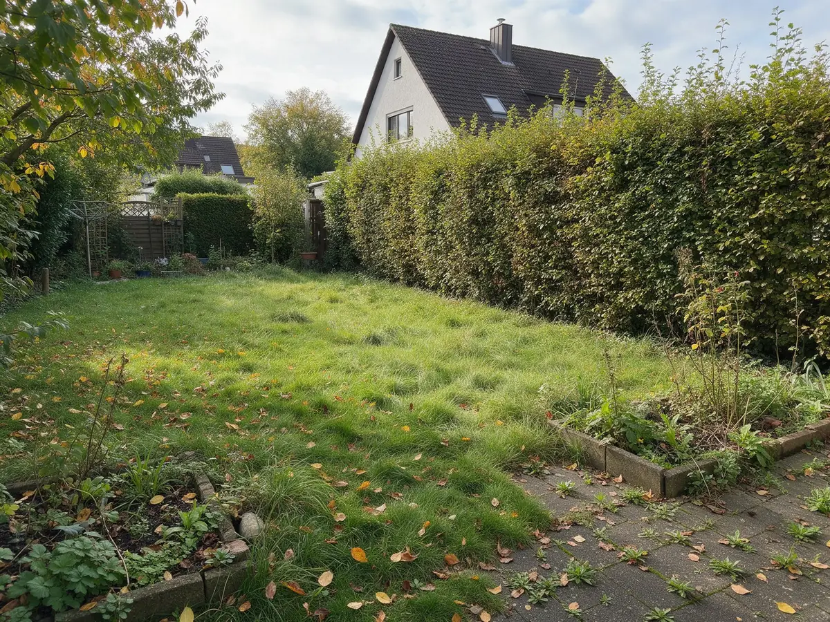 KI-generiertes Beispiel, Vorher: Verwilderter Garten mit hohem Rasen, ungeschnittener Hecke und Laub